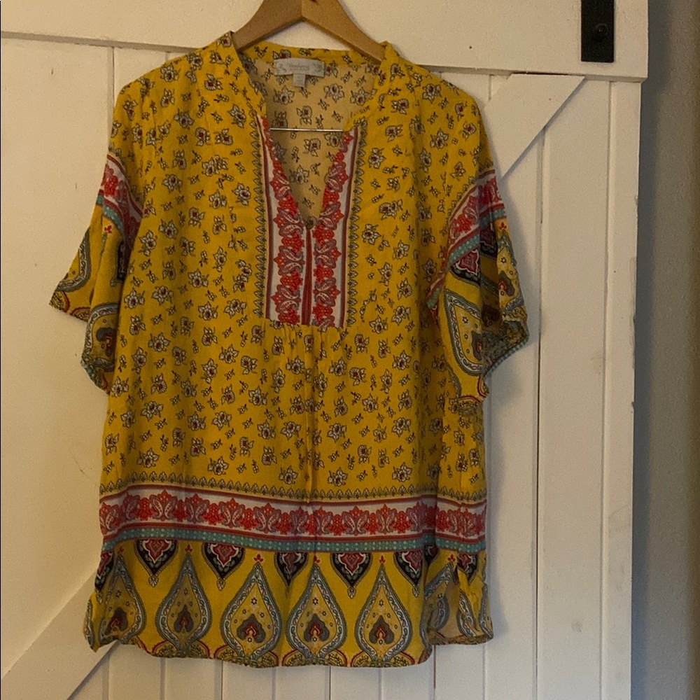 Weekend Suzanne Betro Women’s 1X Yellow Bohemian Boho Tunic Red Accents
